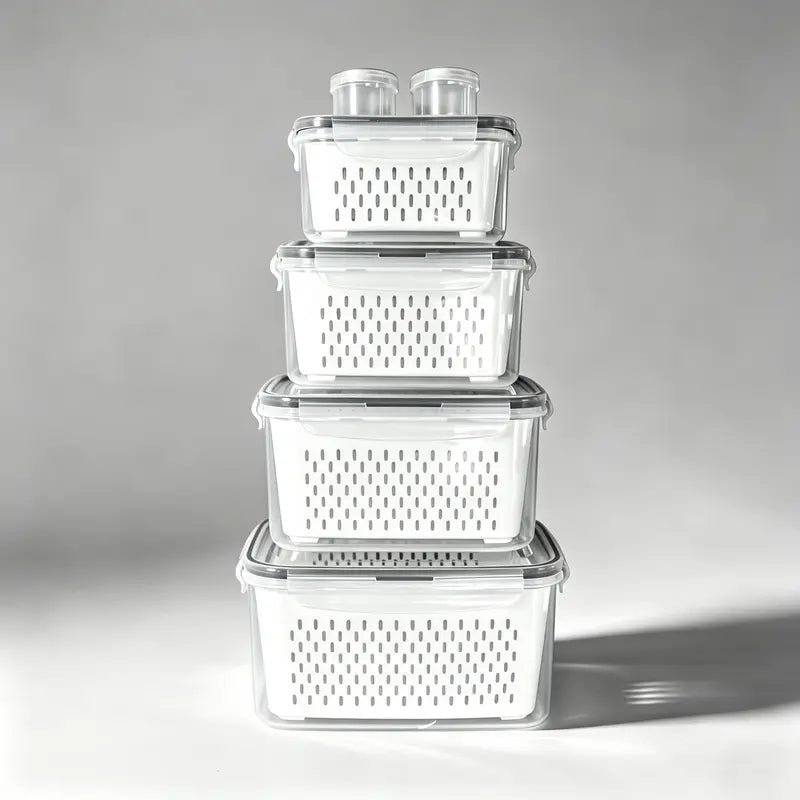 8/10/12-Piece Rectangular Plastic Fridge Organization Set, Stackable Bpa-Free Airtight Leak-Proof Food Storage Containers with Removable Colander for Keeping Fruits, Vegetables, Meat Fresh Longer