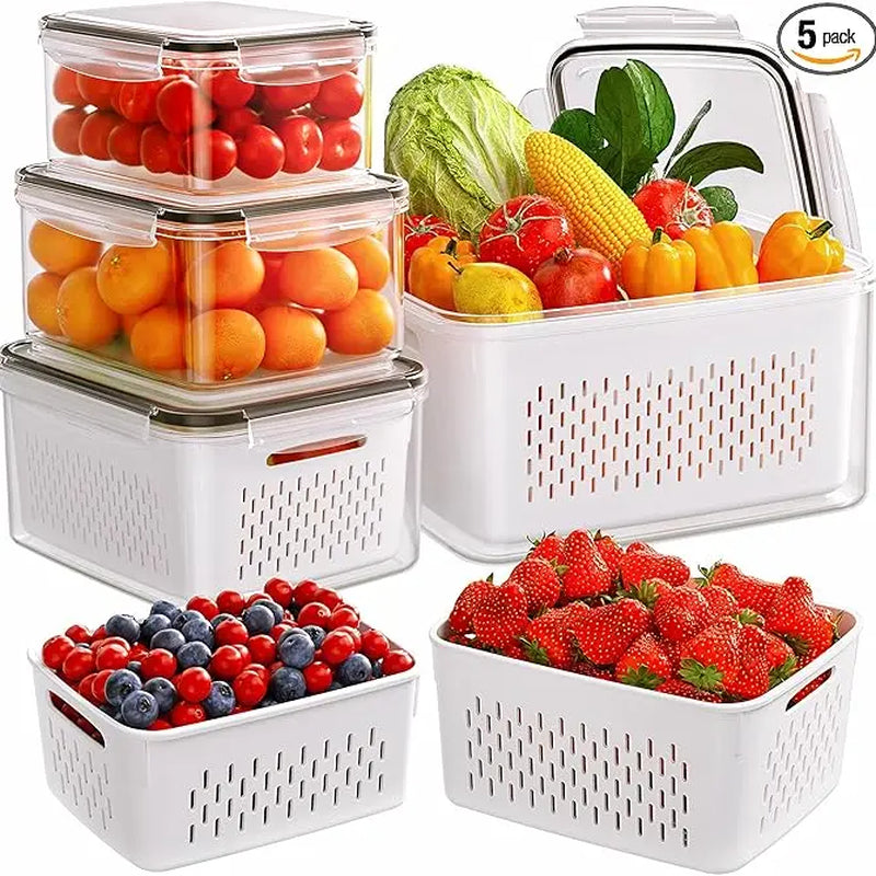 8/10/12-Piece Rectangular Plastic Fridge Organization Set, Stackable Bpa-Free Airtight Leak-Proof Food Storage Containers with Removable Colander for Keeping Fruits, Vegetables, Meat Fresh Longer