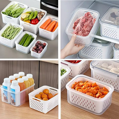 8/10/12-Piece Rectangular Plastic Fridge Organization Set, Stackable Bpa-Free Airtight Leak-Proof Food Storage Containers with Removable Colander for Keeping Fruits, Vegetables, Meat Fresh Longer