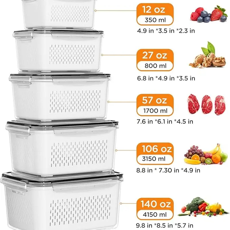 8/10/12-Piece Rectangular Plastic Fridge Organization Set, Stackable Bpa-Free Airtight Leak-Proof Food Storage Containers with Removable Colander for Keeping Fruits, Vegetables, Meat Fresh Longer