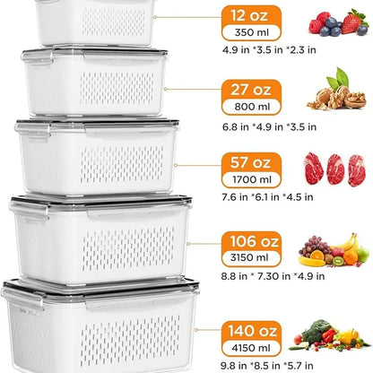 8/10/12-Piece Rectangular Plastic Fridge Organization Set, Stackable Bpa-Free Airtight Leak-Proof Food Storage Containers with Removable Colander for Keeping Fruits, Vegetables, Meat Fresh Longer