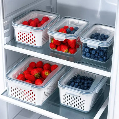 8/10/12-Piece Rectangular Plastic Fridge Organization Set, Stackable Bpa-Free Airtight Leak-Proof Food Storage Containers with Removable Colander for Keeping Fruits, Vegetables, Meat Fresh Longer