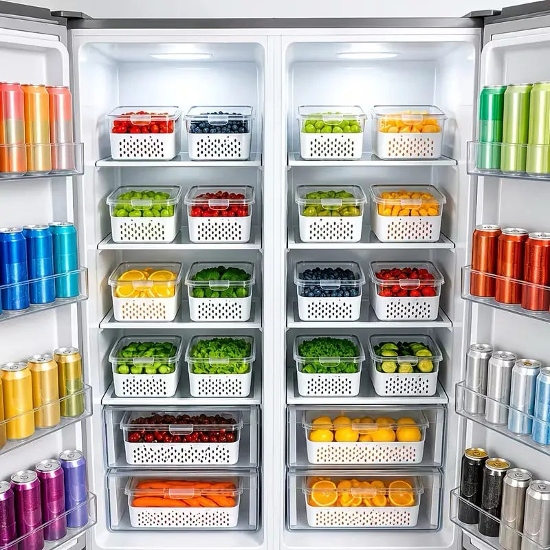 8/10/12-Piece Rectangular Plastic Fridge Organization Set, Stackable Bpa-Free Airtight Leak-Proof Food Storage Containers with Removable Colander for Keeping Fruits, Vegetables, Meat Fresh Longer